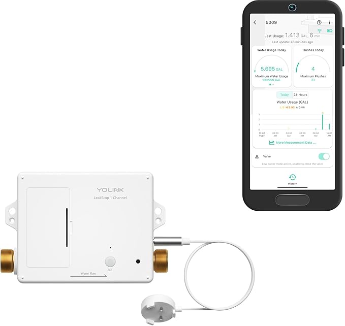 YoLink LeakStop 1 Channel automatic shutoff device with its companion app