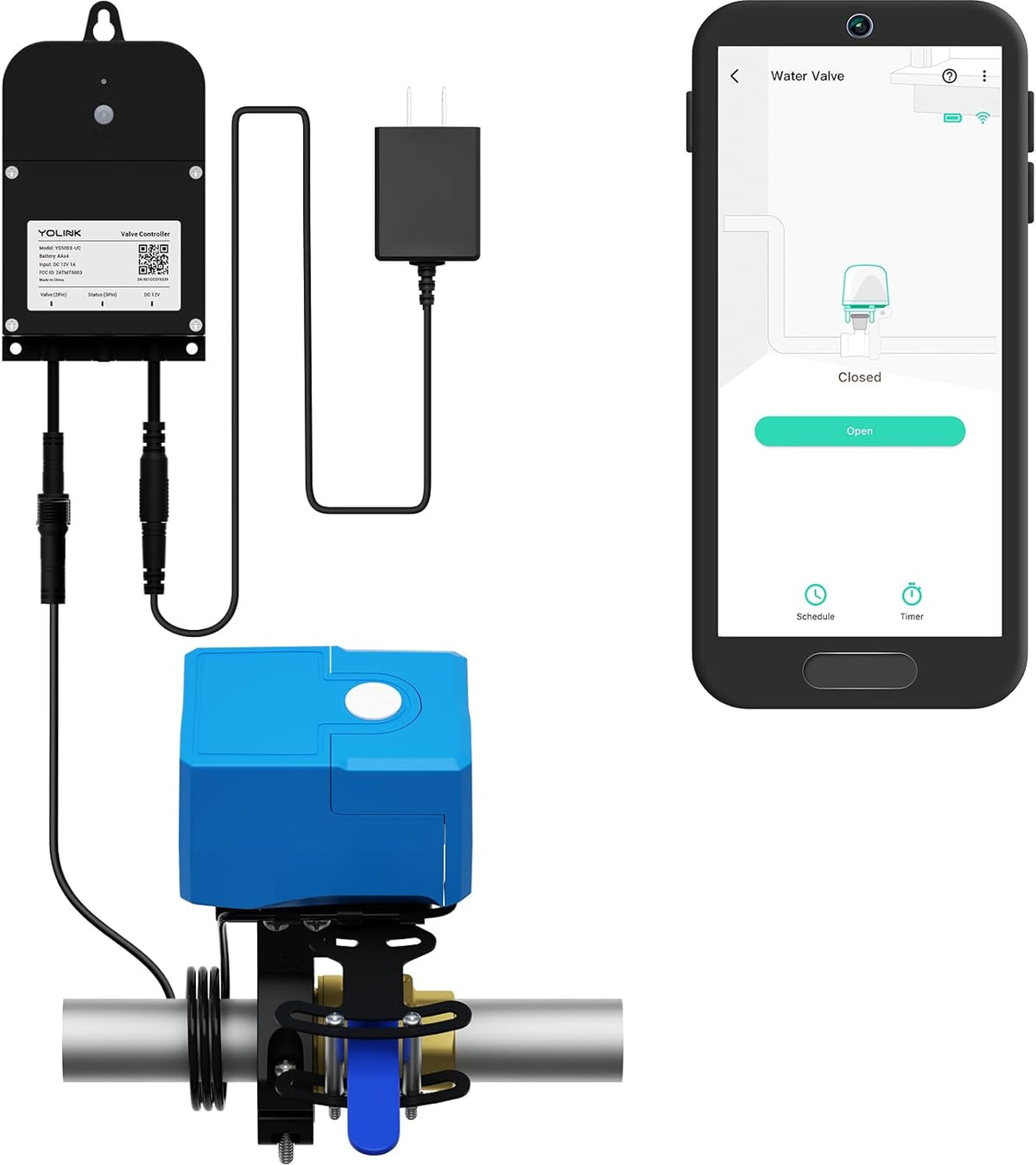 YoLink Valve Controller 2 with Bulldog Valve Robot clamped onto a ball valve